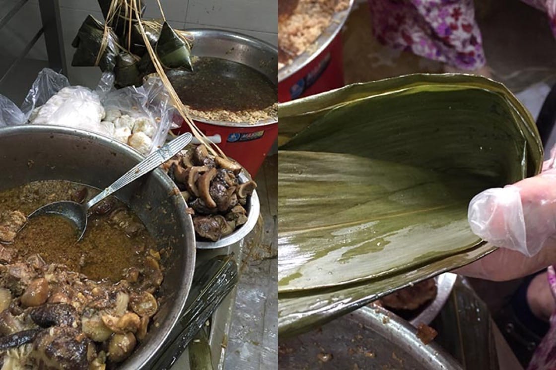 Glutinous rice is stewed overnight before being wrapped into a dumpling with other ingredients, such as braised pork, braised mushroom and yam paste.