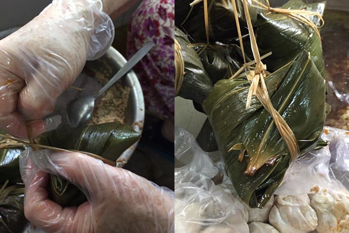 Bamboo leaves are folded in the center to make a cone-like container for the fillings. Straw is used to bind the dumpling and prevent its stuffing from spilling out, as well as to faciliate easier handling