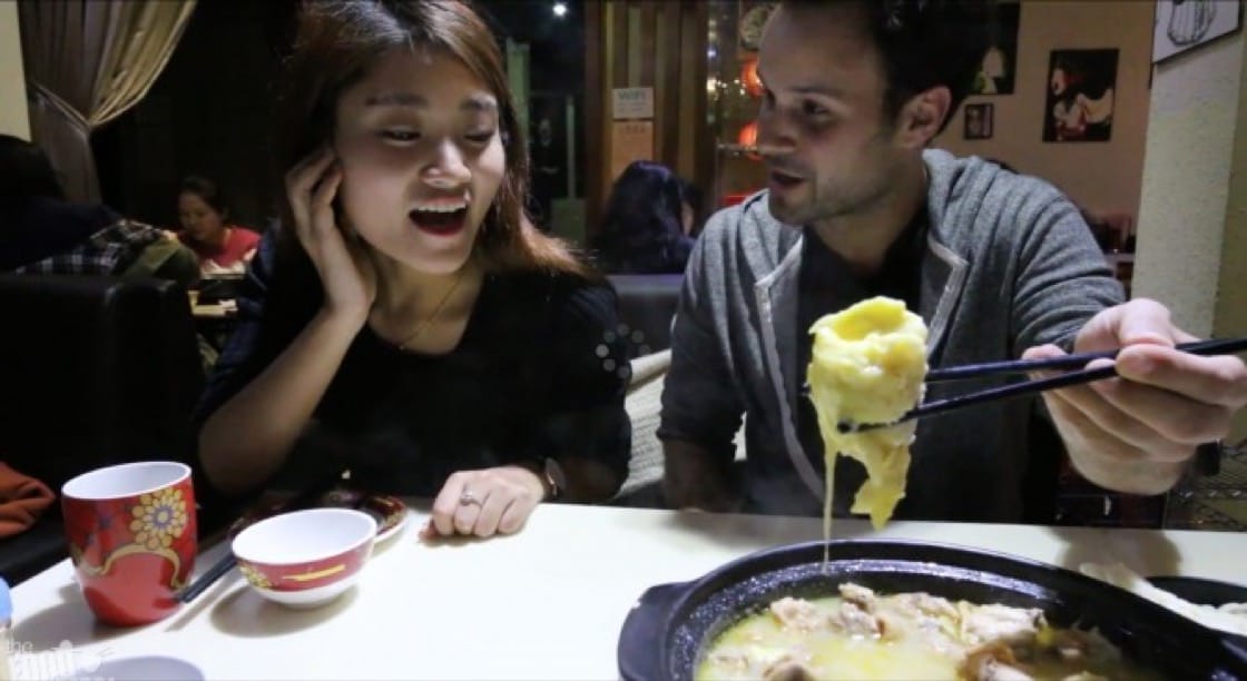 Yay or nay? Popular Youtuber Trevor James, also known as The Food Ranger, samples a durian chicken hot pot in Guangzhou. Photo: The Food Ranger