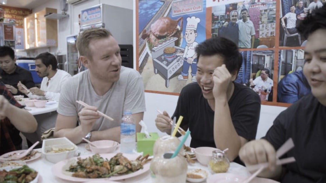 Supper buddies, from left, Andrew Walsh, Han Liguang and Jason Tan