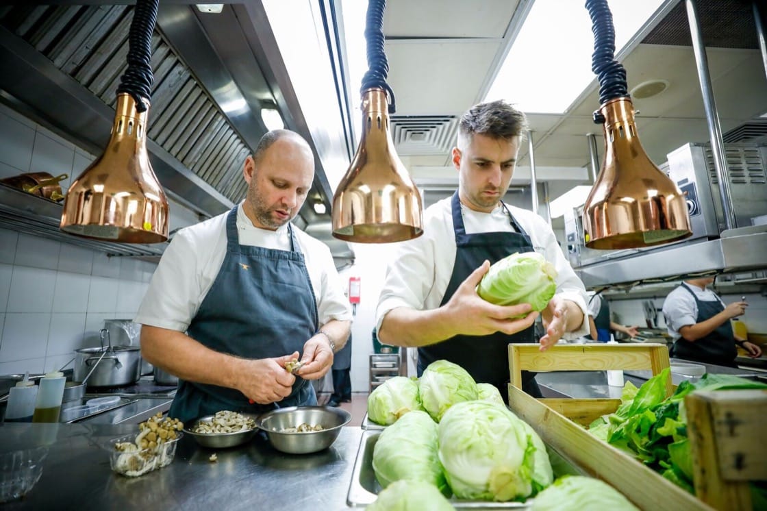Chefs Simon Rogan and Kirk Westaway in a four hands collaboration at JAAN last month