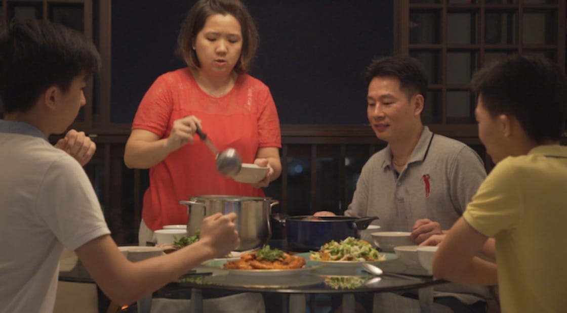 Chef Liu having a meal with his wife, Madam Yap Su Fern and two sons (from left), Clement, 18 and Nicholas, 17. 