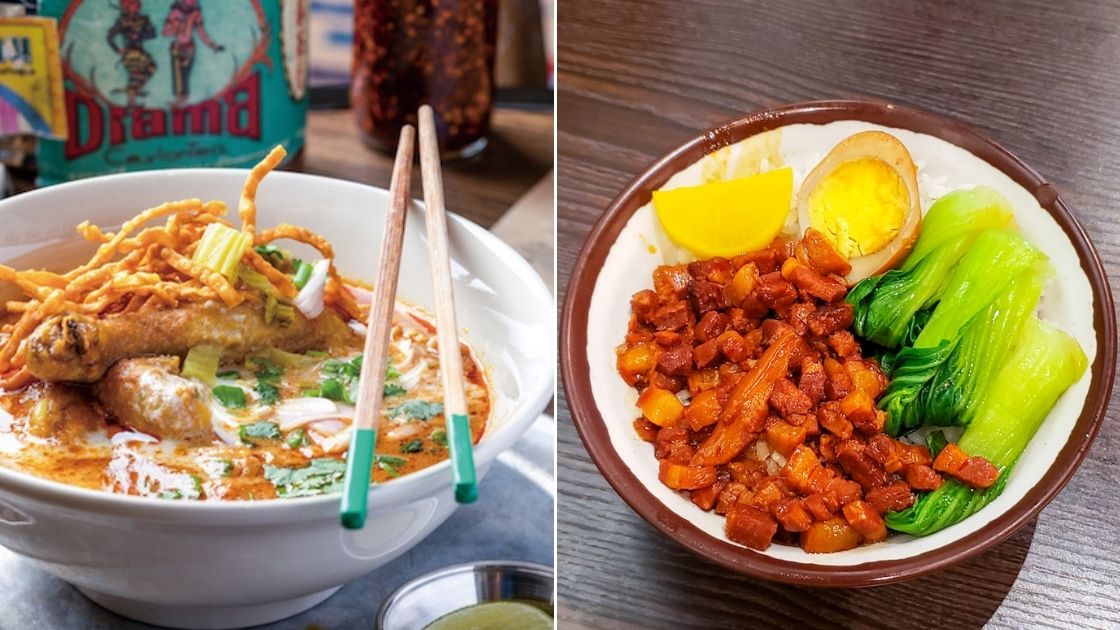 From left to right: Samsen (Sheung Wan)'s Northern Thai curry noodles and Yuan Is Here (Western District)'s classic Taiwanese fare.