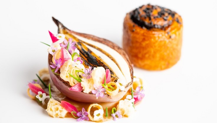 CORE by Clare Smyth - 'Cheese and onion' alliums, aged cheddar and onion broth