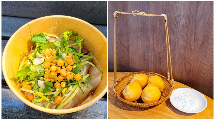 L-R: Icy cold glass noodle from Twins Liangpi Limited (Prince Edward) and Yi Jia's deep-fried soufflé meringue with mango custard filling. (Photos: ©MICHELIN)