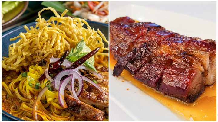 L-R: Saya's Khao Soy (Photo: ©Engune Chan/Saya) and Master Woo’s honey glazed BBQ pork from Ship Kee (Photo: ©MICHELIN)