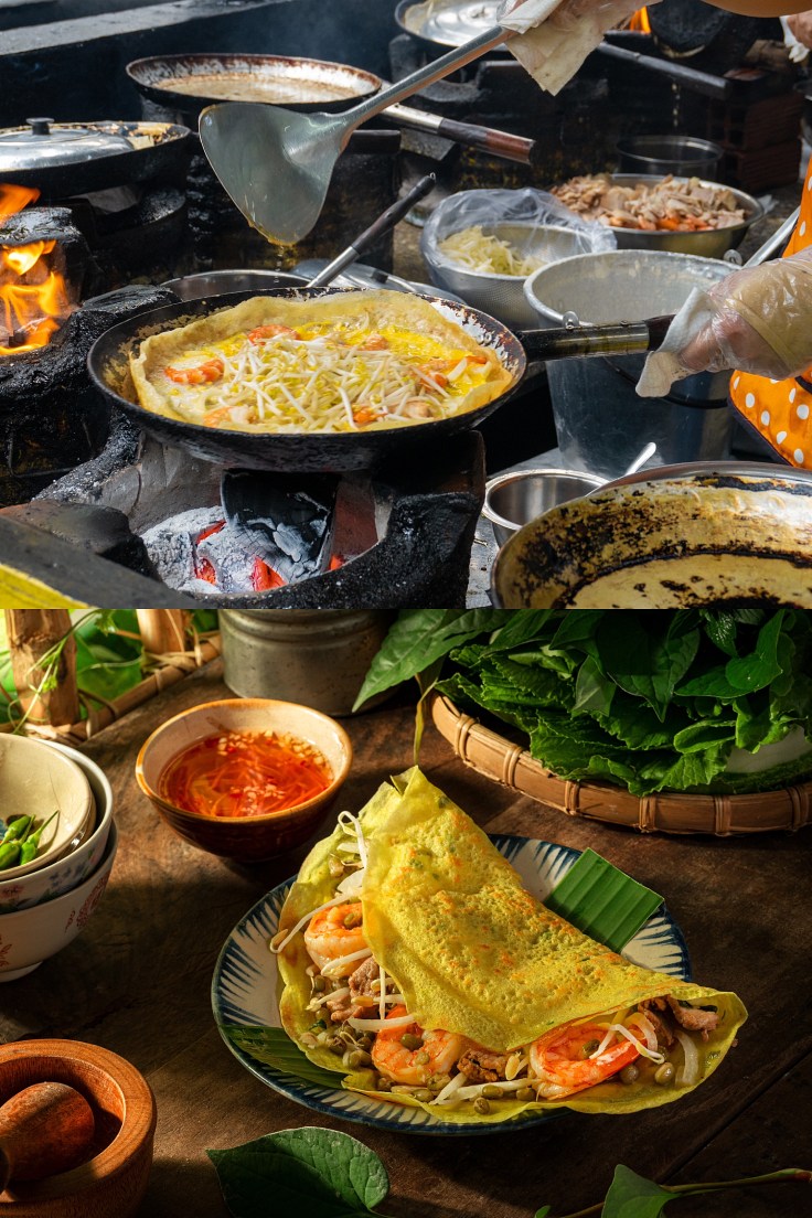 Golden Vietnamese crêpes freshly made on spot