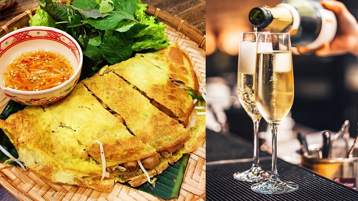 A dry, casual sparkling wine goes perfectly with Vietnamese pancakes. (© Shutterstock)
