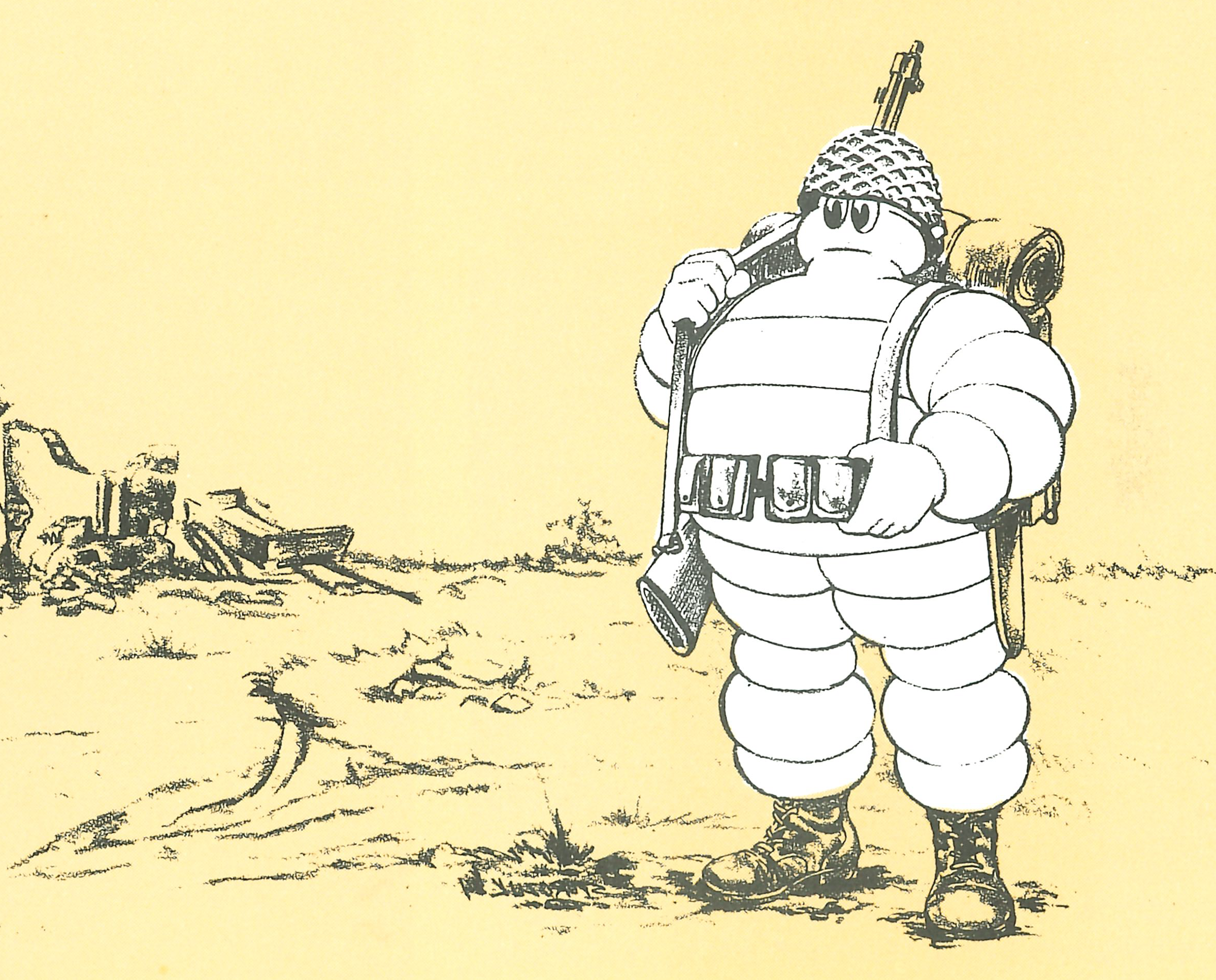 Bibendum GI. Excerpt from the May 1984 issue of the American in-house magazine 'Bibendum News', in an article commemorating the 40th anniversary of the Battle of Normandy. © L'AVENTURE MICHELIN (archives)