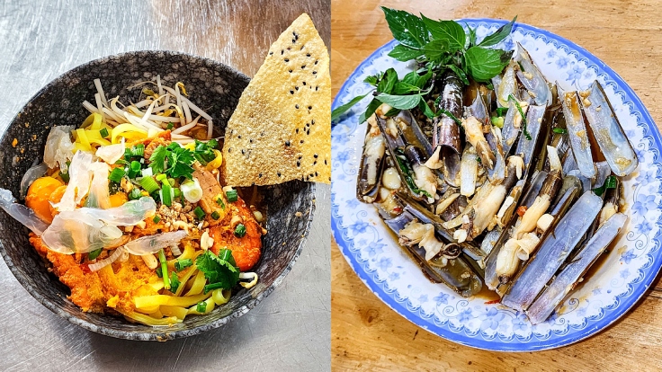 Mì Quảng, a native dish of Da Nang, by Mỳ Quảng Sứa Hồng Vân, and razor clams by Bé Ni 2. (© Michelin)