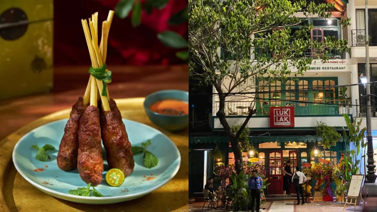 Enjoy grilled beef skewers with herbs and lemongrass, wrapped in rice paper or paired with sticky rice and cassava root at Luk Lak, a MICHELIN-recommended restaurant. (© Luk Lak)