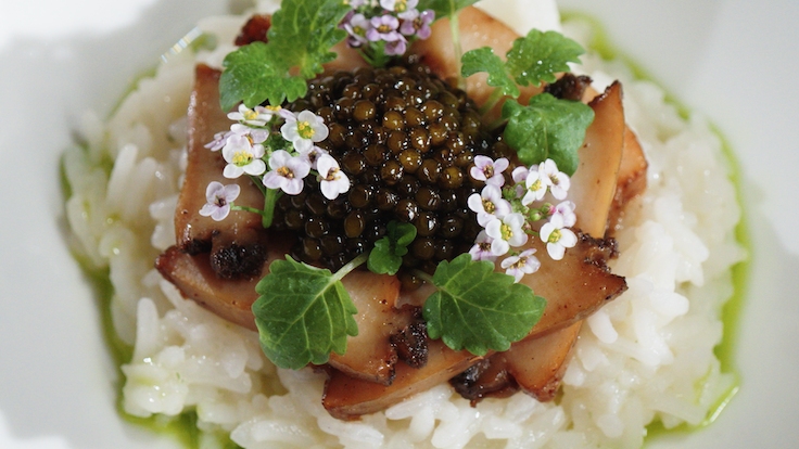 A signature dish of Tham’s — a risotto starring locally harvested Lawas rice is crowned with slices of tender, smoke-kissed abalone smeared in a sticky spice glaze and livened up with dollops of locally produced caviar. The dish has undergone no less than a dozen renditions.