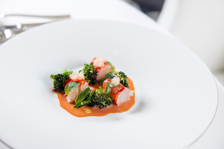 New One MICHELIN Star IDAM's carabineros shrimp and broccolettis. Image credit: IDAM by Alain Ducasse