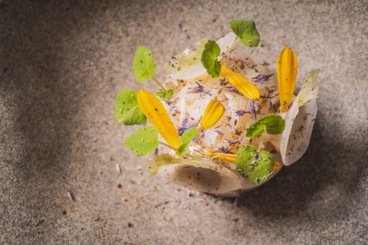 'Sweetbell Turnip and Crab, Anise Hyssop and Sunflower Seeds' at Moor Hall. © Mark Bristol
