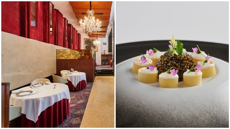 L-R: The Les Amis dining room and one of Lepinoy's signature dishes: La Pomme de Terre Roseval au Caviar, Condiments et Herbes Fraîche