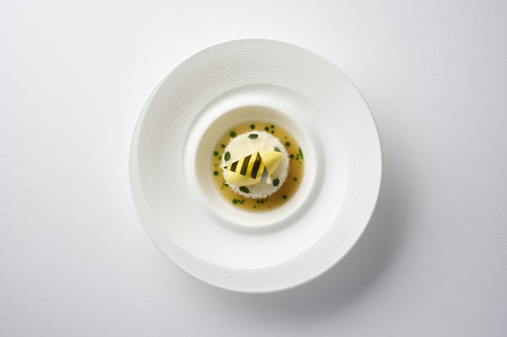 'Smoked Butternut Squash Sorbet, Mangalitsa Spalla, Manchego Cheese' at Midsummer House, Cambridge. © Tim Green
