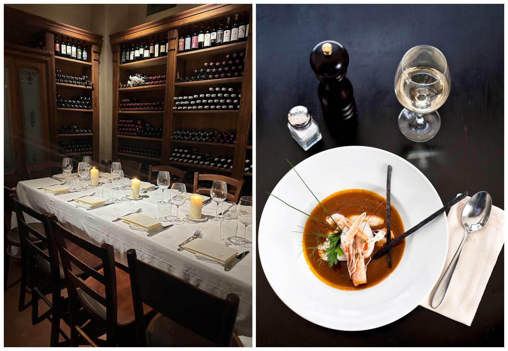 A private dining room at Il Santo Bevitore in Florence, which serves elevated trattoria cuisine. © Il Santo Bevitore/right: Sofie Delauw