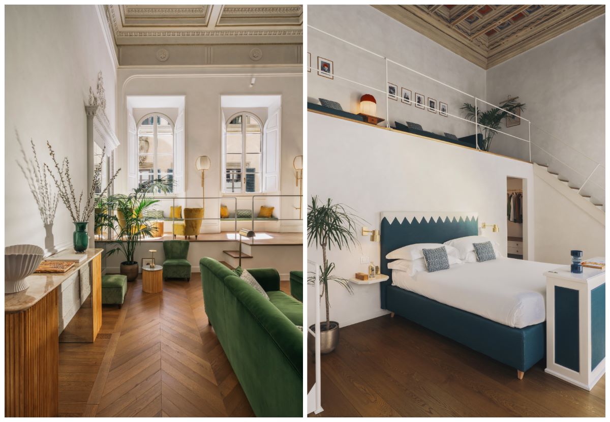 The living area and duplex room at  Casa G Firenze hotel in Florence. © Casa G Firenze 