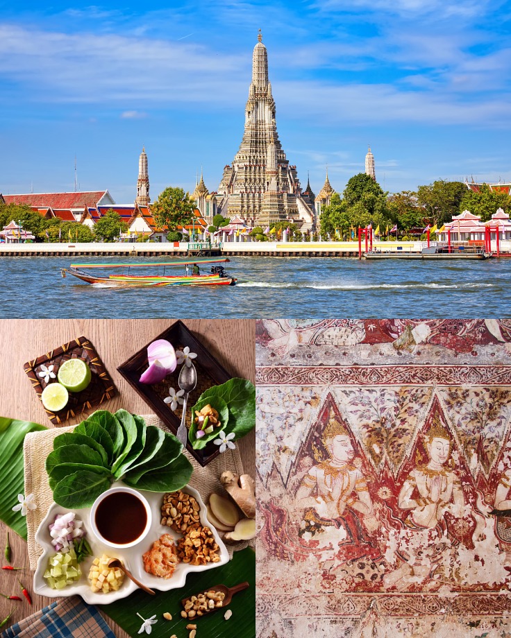 The Temple of Dawn, a delicious homecooked meal at Krua Apsorn (Dusit), and the murals at Wat Suwannaram—said to have inspired the opening scenes of The White Lotus Season 3. (© Shutterstock)