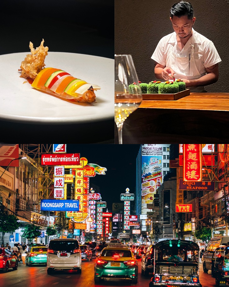 Chef Sareen Rojanametin at Small Dinner Club, a MICHELIN-listed restaurant, alongside scenes from the iconic Bangkok Chinatown. (© Pruepat Songtieng/ MICHELIN Guide Thailand, Shutterstock)