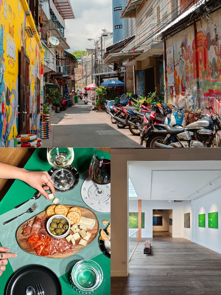 In Talat Noi, colorful stories unfold on vibrant alley walls, while nearby you can unwind with natural wine at Madi and explore contemporary works at ATT 19 gallery. (© Shutterstock, Madi, ATT 19)