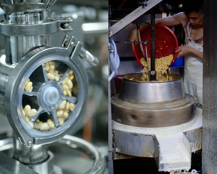 (Left©Mora) A high-tech soy machine at Ān Soy. (Right©Hei Kiu Au) Soybeans ground in a traditional stone grinder at Kung Wo every day from midnight– 4 a.m. and 8 a.m.– noon.